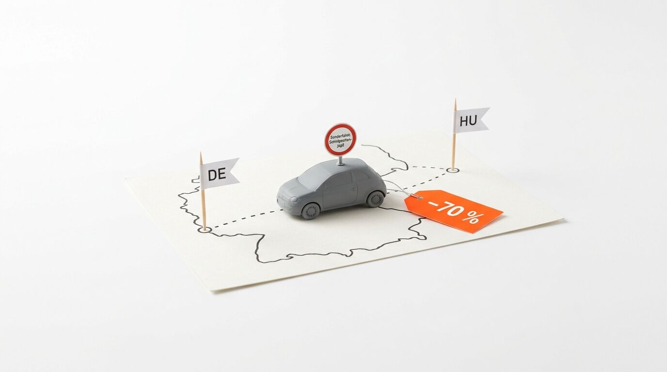 Miniaturauto auf Landkarte mit Länderflaggen DE und HU, Straßenschild und Rabatt-Tag