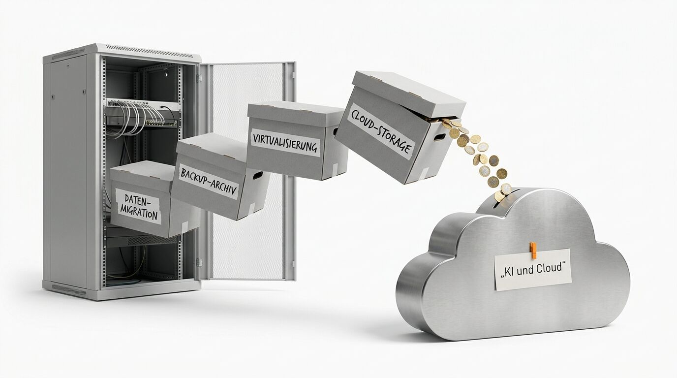 Daten fliegen als Kisten von einem Serverschrank in eine Cloud-Spardose, in die Münzen fallen