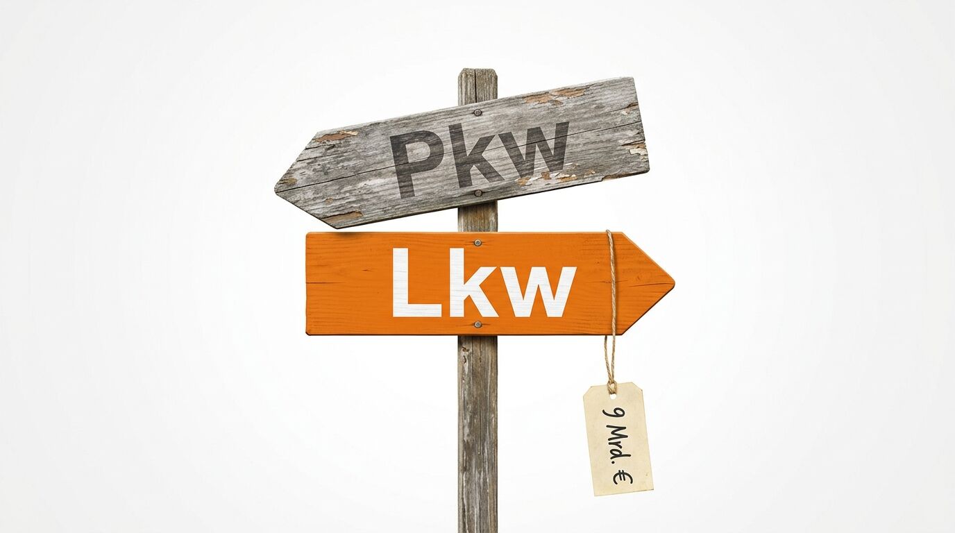Wegweiser aus Holz mit Aufschrift Pkw nach links und Lkw nach rechts, Anhänger mit Preis