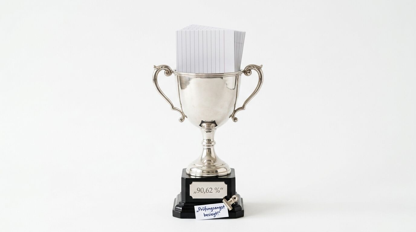 Pokal mit Karteikarten, Plakette „90,62 %“ und Zettel „Prüfungsangst besiegt!“ auf weißem Grund