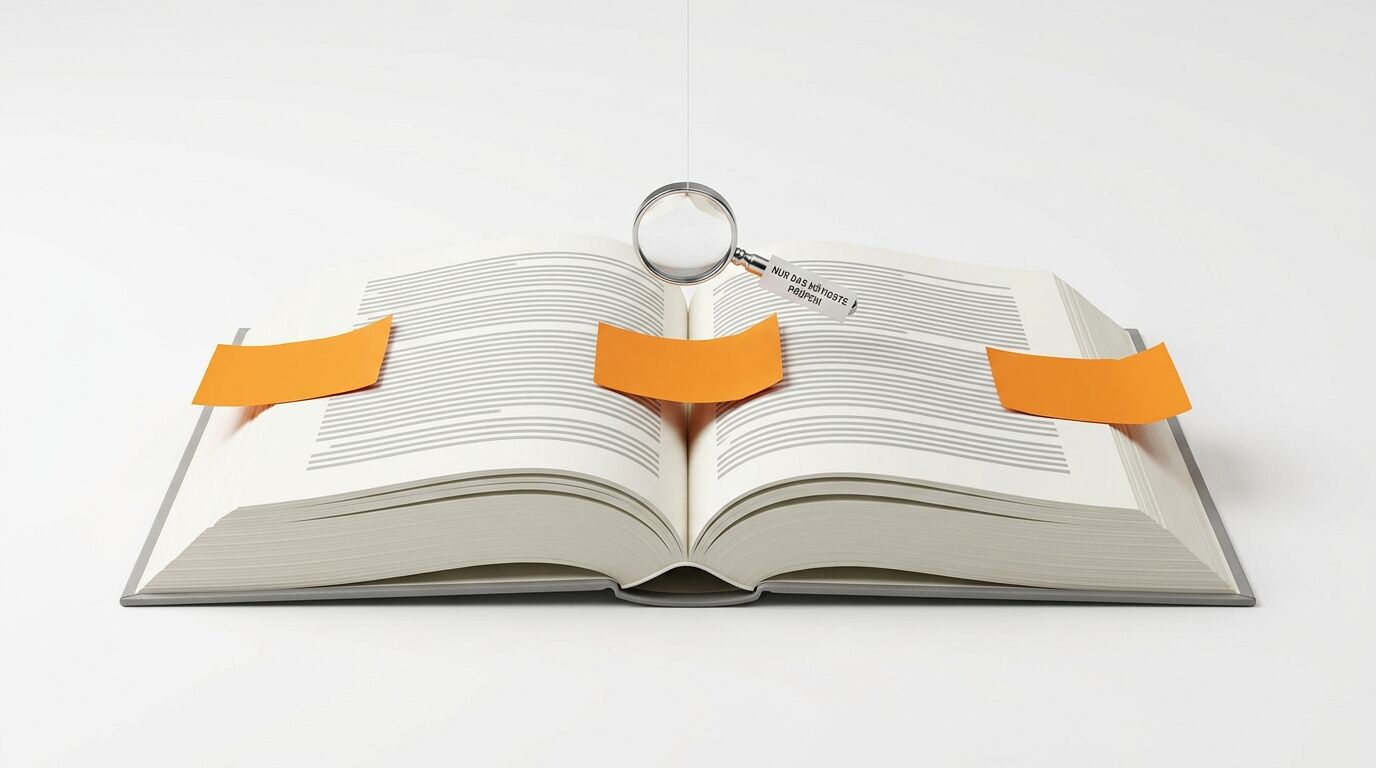 Aufgeschlagenes Buch, orange Zettel, hängende Lupe, grauer Grund