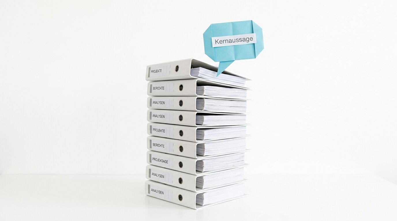Aktenordnerstapel mit Sprechblase und Text „Kernaussage“