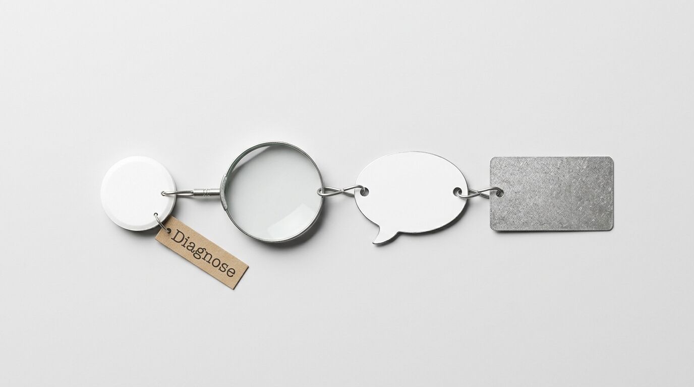 Kette aus Kreis, Lupe, Sprechblase, Metallplatte; ein Etikett trägt das Wort „Diagnose“