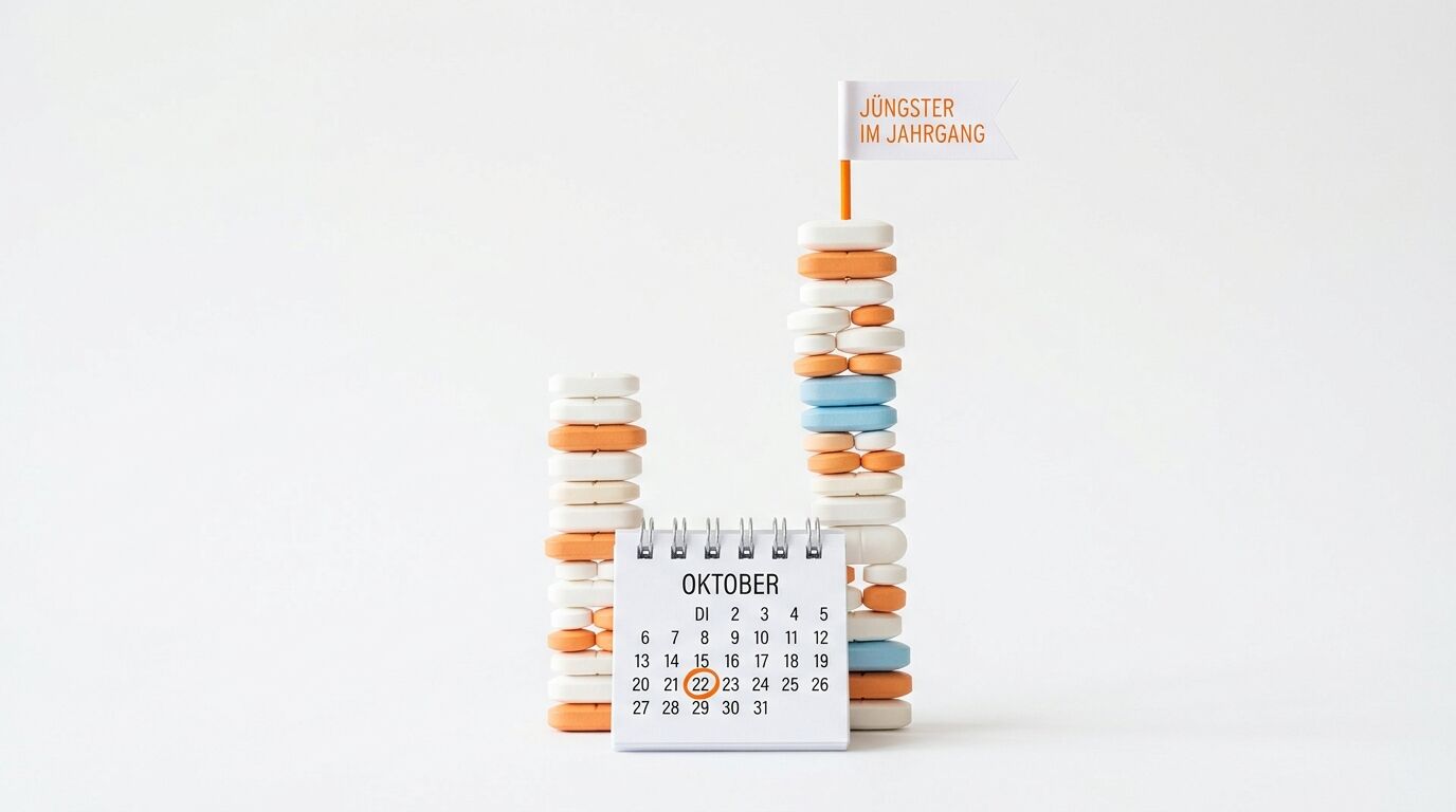 Zwei Stapel bunter Tabletten umrahmen einen Tischkalender für Oktober