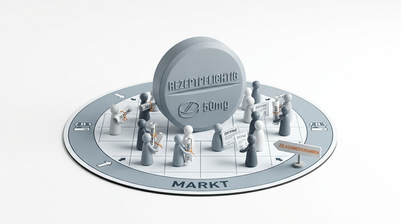 Infografik-Diorama zur Zulassung rezeptpflichtiger Medikamente auf dem Markt