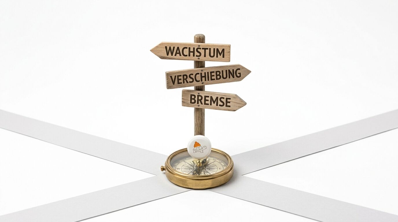 Kompass und Wegweiser mit der Aufschrift „WACHSTUM“, „VERSCHIEBUNG“, „BREMSE“ auf einer Kreuzung