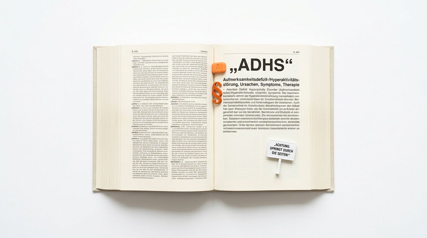 Ein aufgeschlagenes Buch zeigt einen Text zum Thema „ADHS“