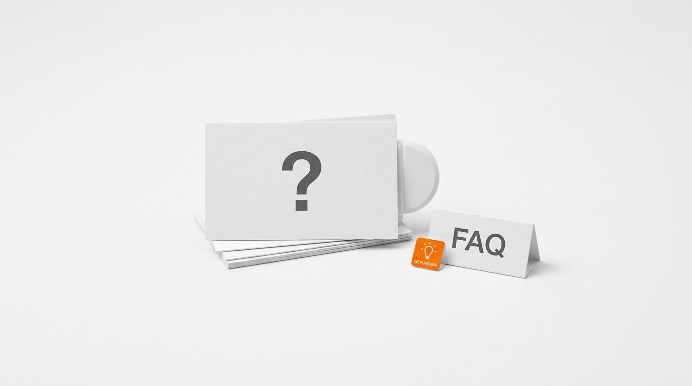 Stapel Karten mit Fragezeichen und Aufsteller „FAQ“ daneben
