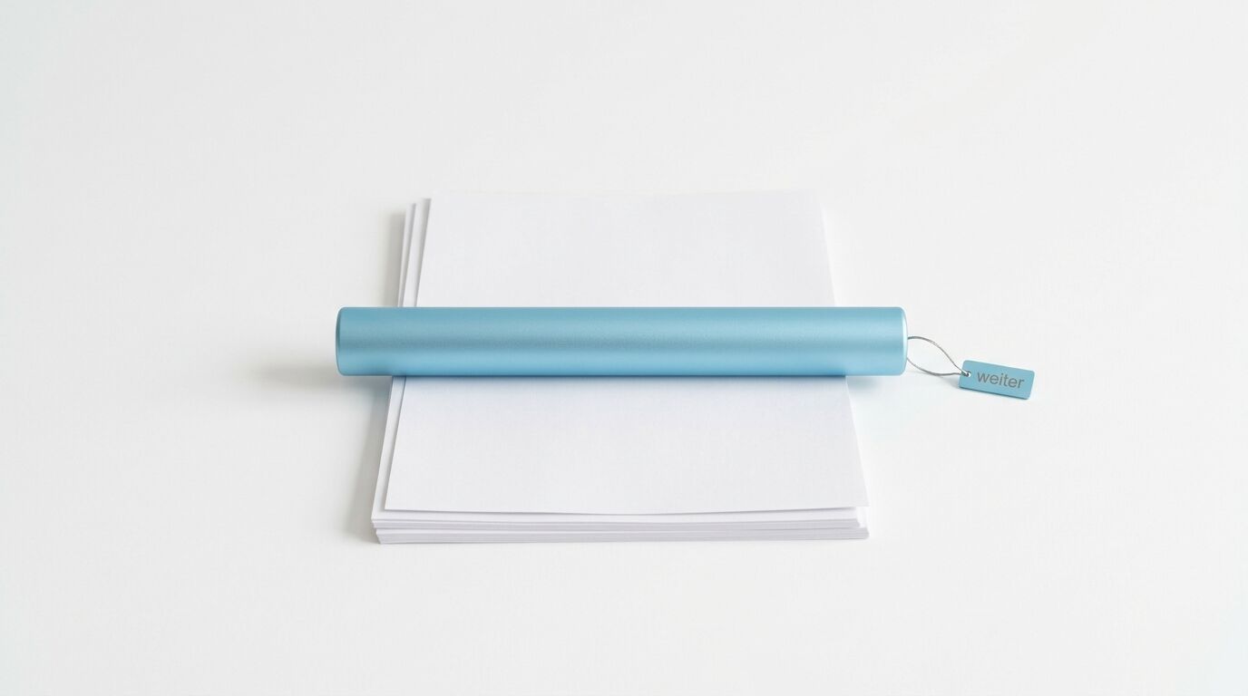 Papierstapel mit einem hellblauen Zylinder darauf und einem Schild mit der Aufschrift 'weiter'
