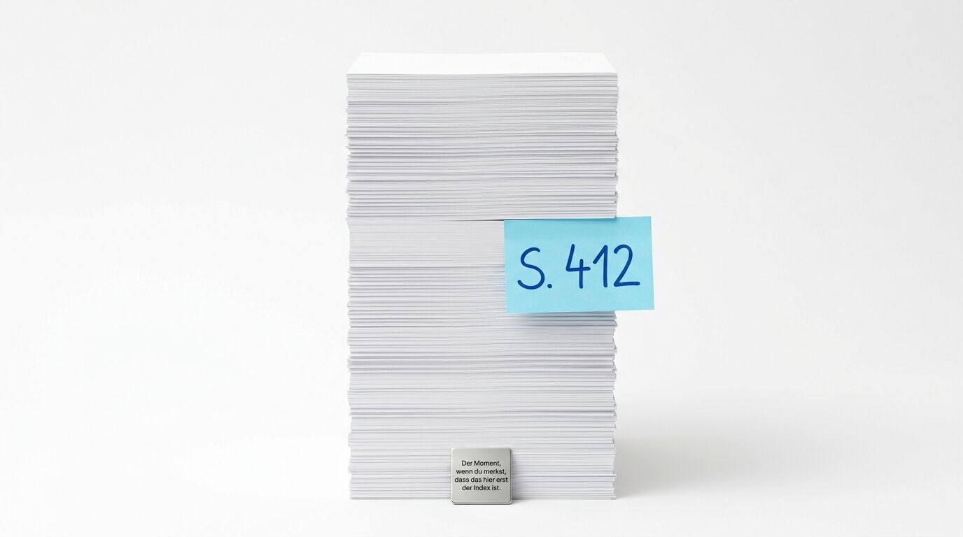 Ein Papierstapel mit einem blauen Post-it 