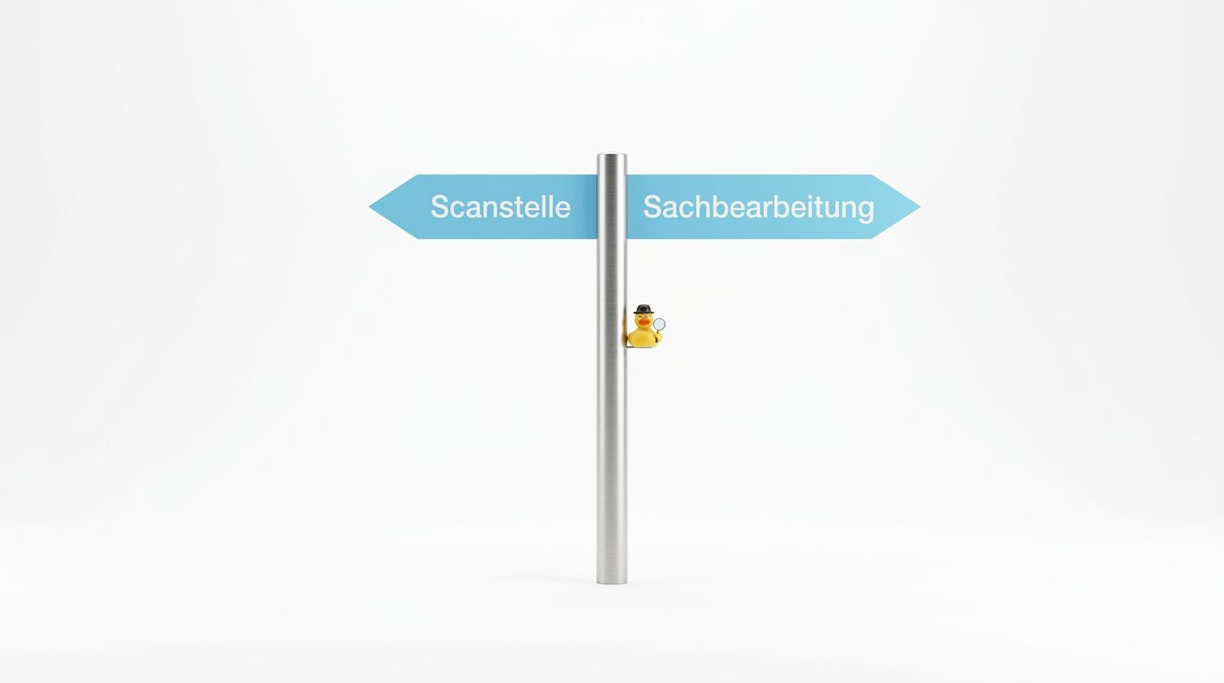 Schilderbaum vor weißem Grund mit Ente mit Hut und Lupe, Schildern links und rechts
