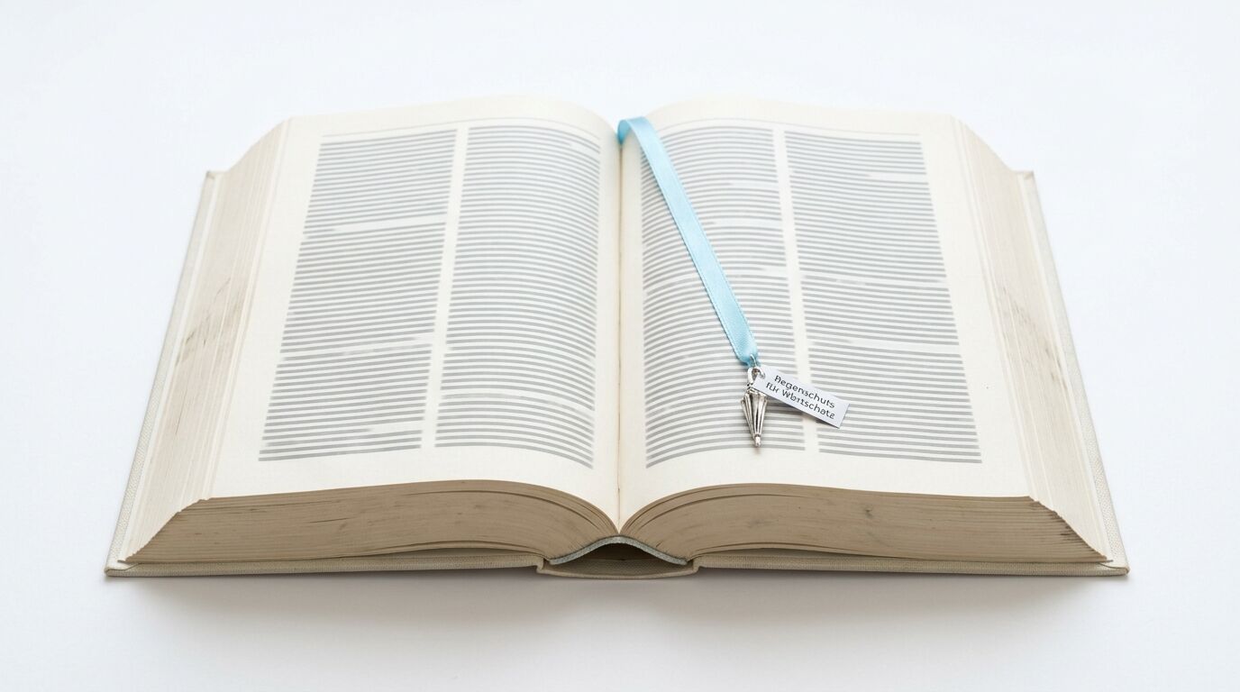 Offenes Buch mit blauem Lesezeichen, das einen Regenschirm-Anhänger trägt, vor weißem Hintergrund