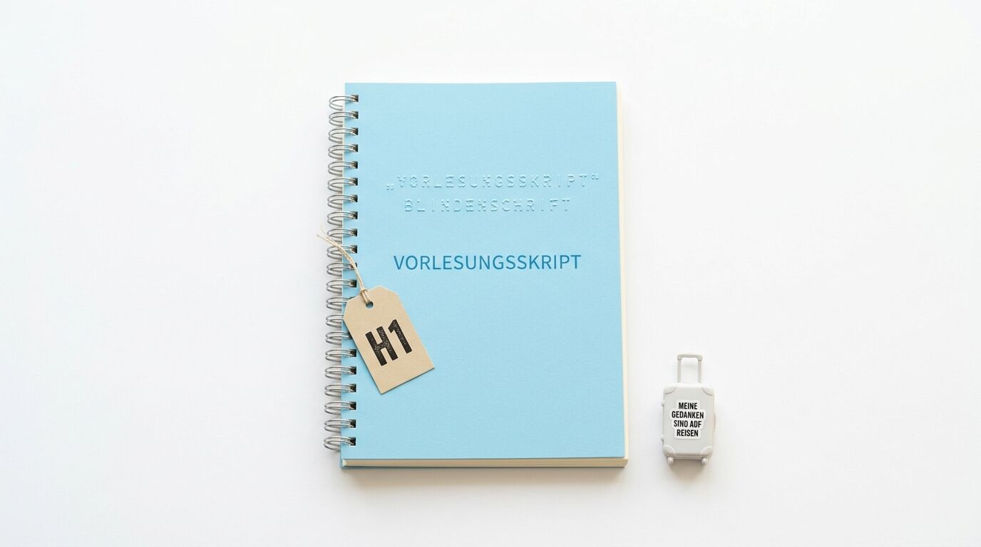 Blauer Ringblock, Anhänger mit „H1“, kleiner Koffer, weißer Untergrund