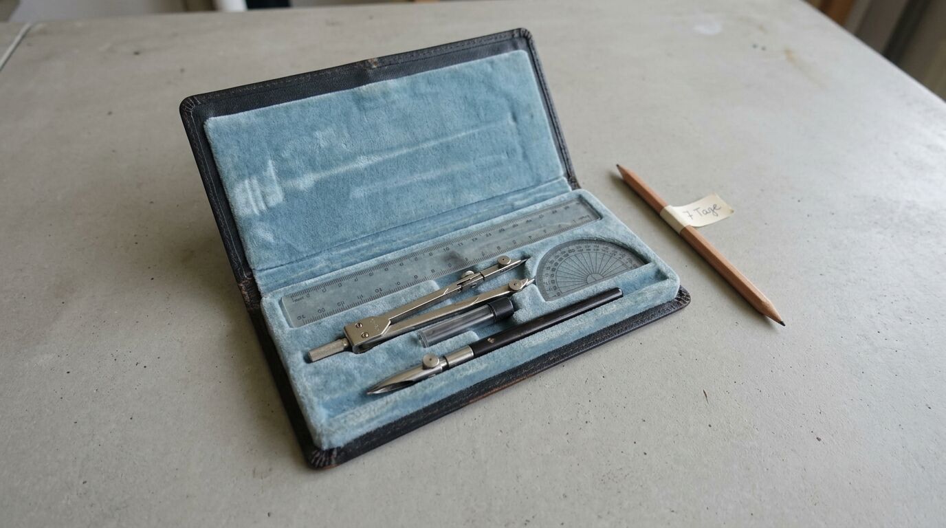 Offenes Zeichenset-Etui mit Zirkel und Lineal neben einem Stift auf Betonfläche