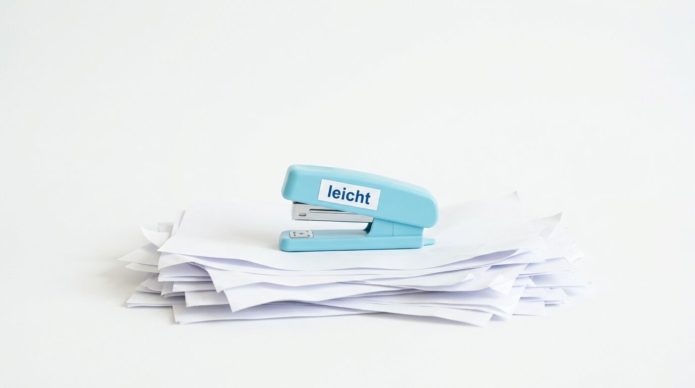 Hellblauer Hefter mit Aufschrift „leicht“ auf weißem Papierstapel vor weißem Hintergrund