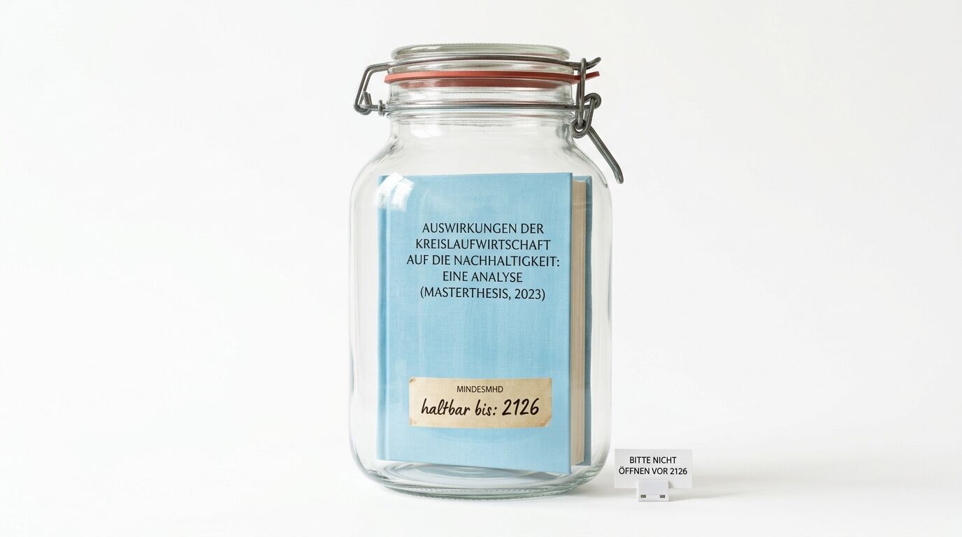 Ein Einmachglas, in dem eine blaue Masterthesis steckt. Auf dem Deckel steht: BITTE NICHT ÖFFNEN VOR 2126