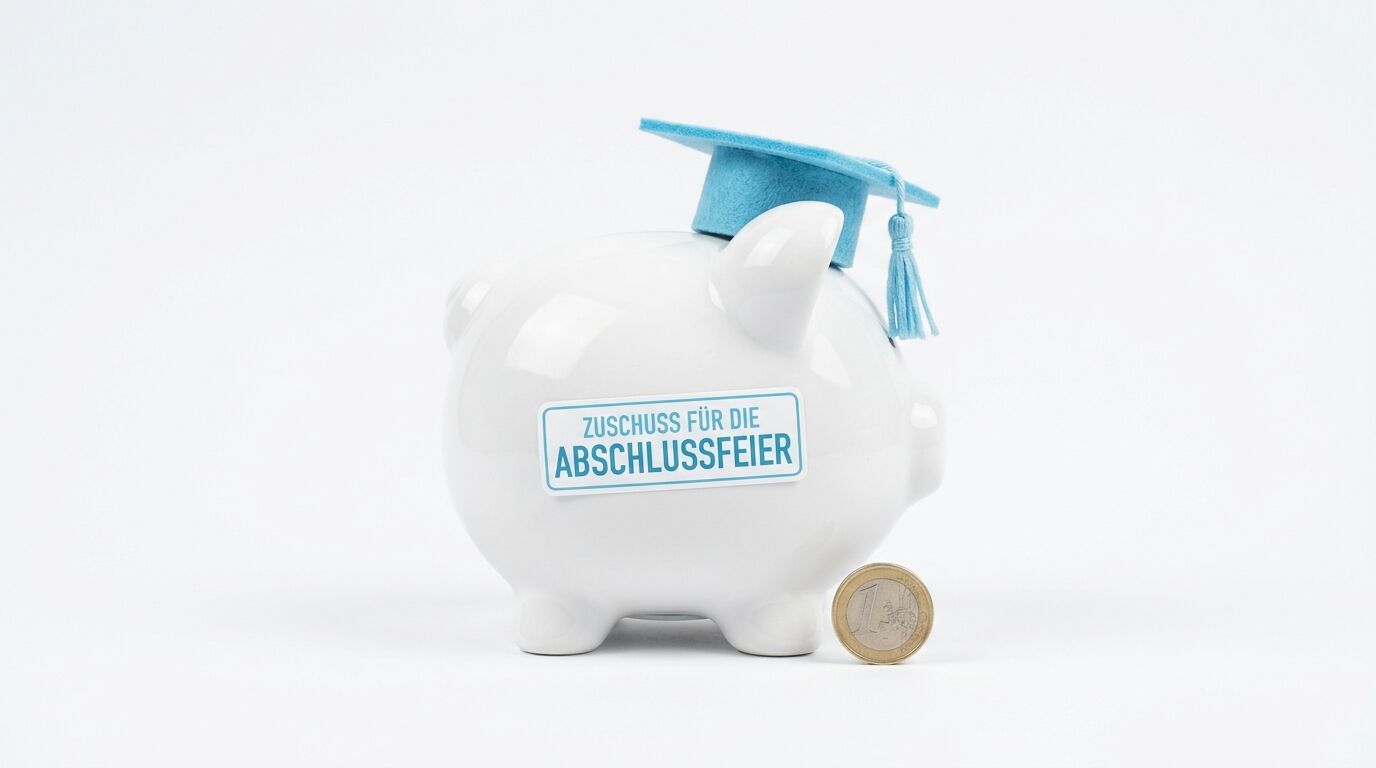 Sparschwein mit Doktorhut und Aufschrift, daneben eine Münze auf weißem Grund