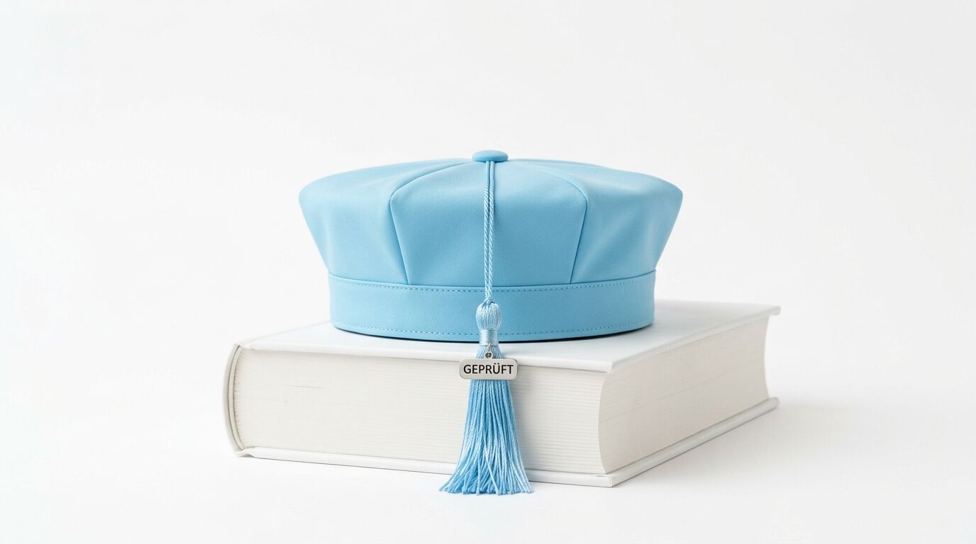 Ein hellblauer Doktorhut mit Quaste und Schild