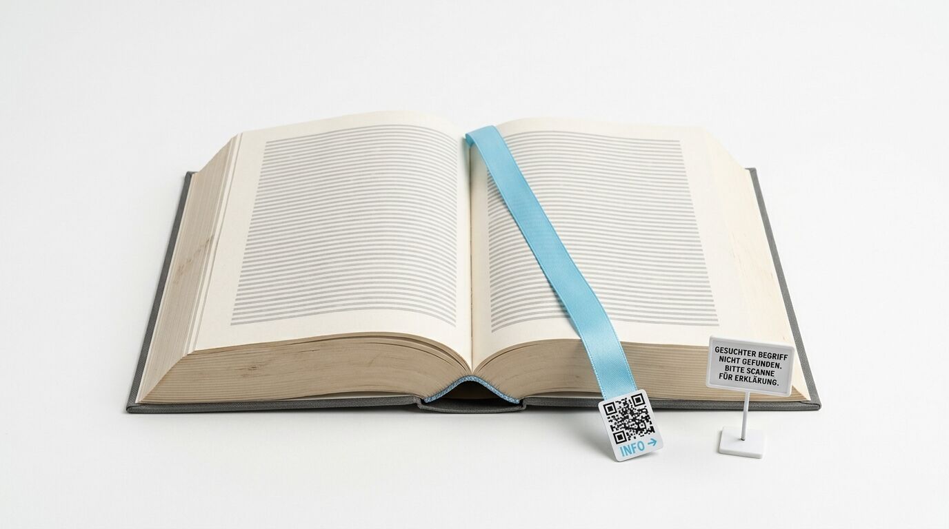 Ein aufgeschlagenes Buch mit blauem Lesezeichen und einem QR-Code auf weißem Hintergrund