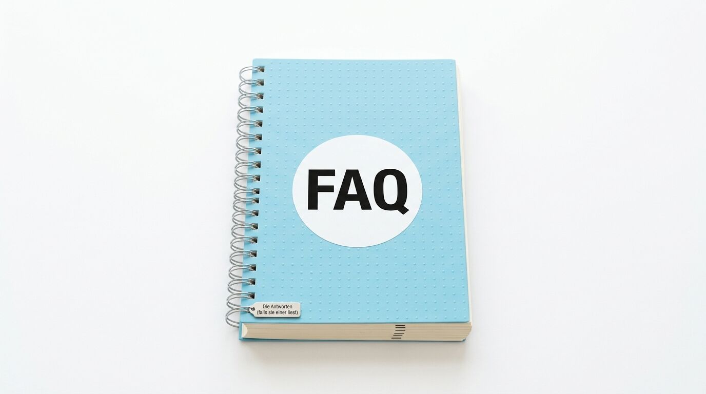 Hellblaues Spiralnotizbuch mit „FAQ“-Aufkleber und kleiner Fußnote auf weißem Grund