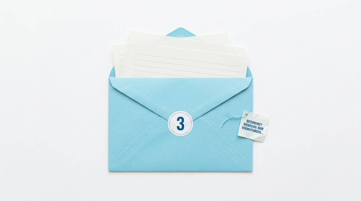 Blauer Umschlag mit '3', Briefen und Anhänger
