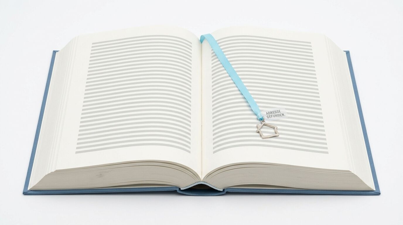 Aufgeschlagenes Buch, graue Linien, blaues Lesezeichen mit Hausanhänger und Text