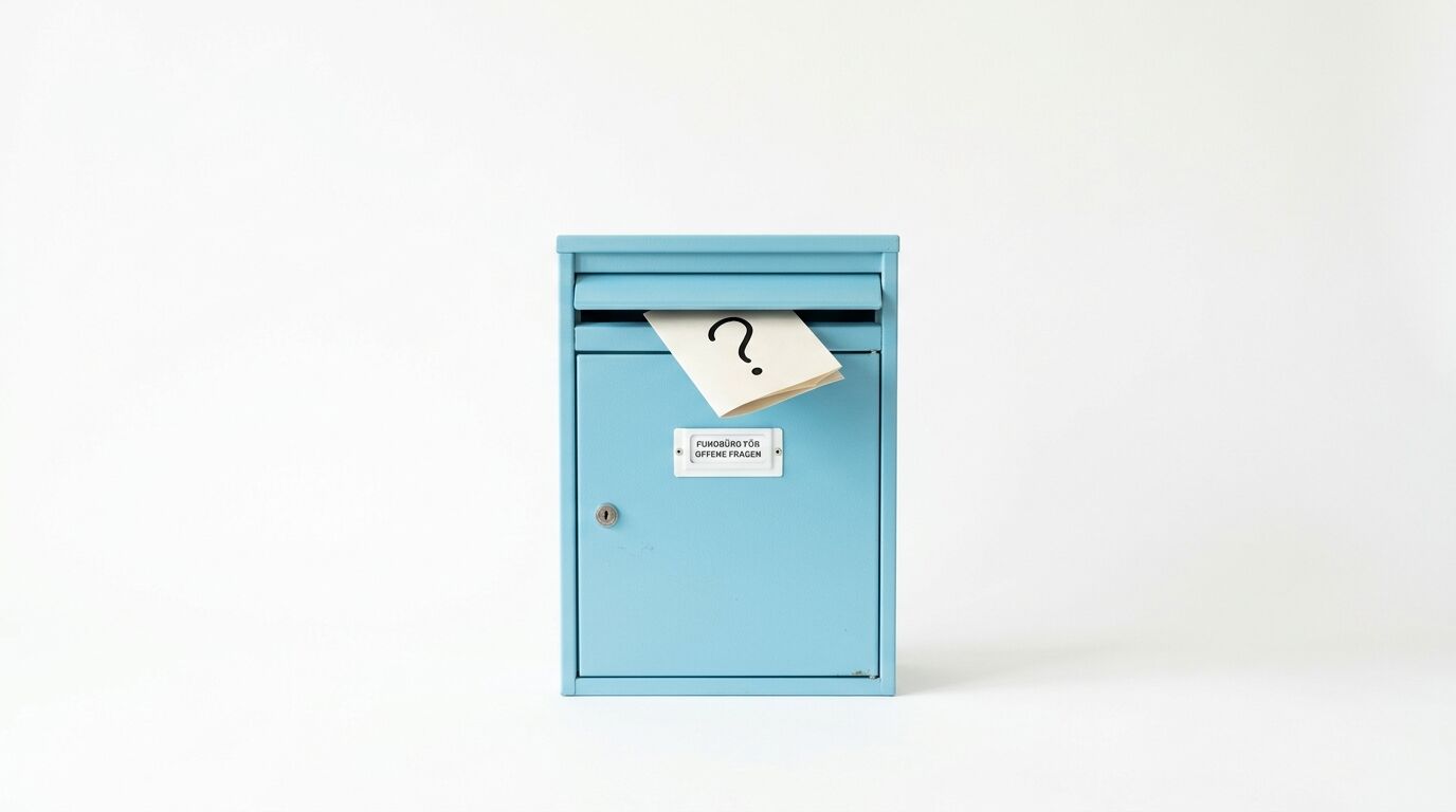 Hellblauer Briefkasten mit Brief und Fragezeichen vor weißem Hintergrund