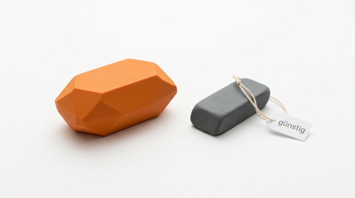 Oranges, facettiertes Objekt neben grauem, quaderförmigem Objekt mit Preisschild „günstig“