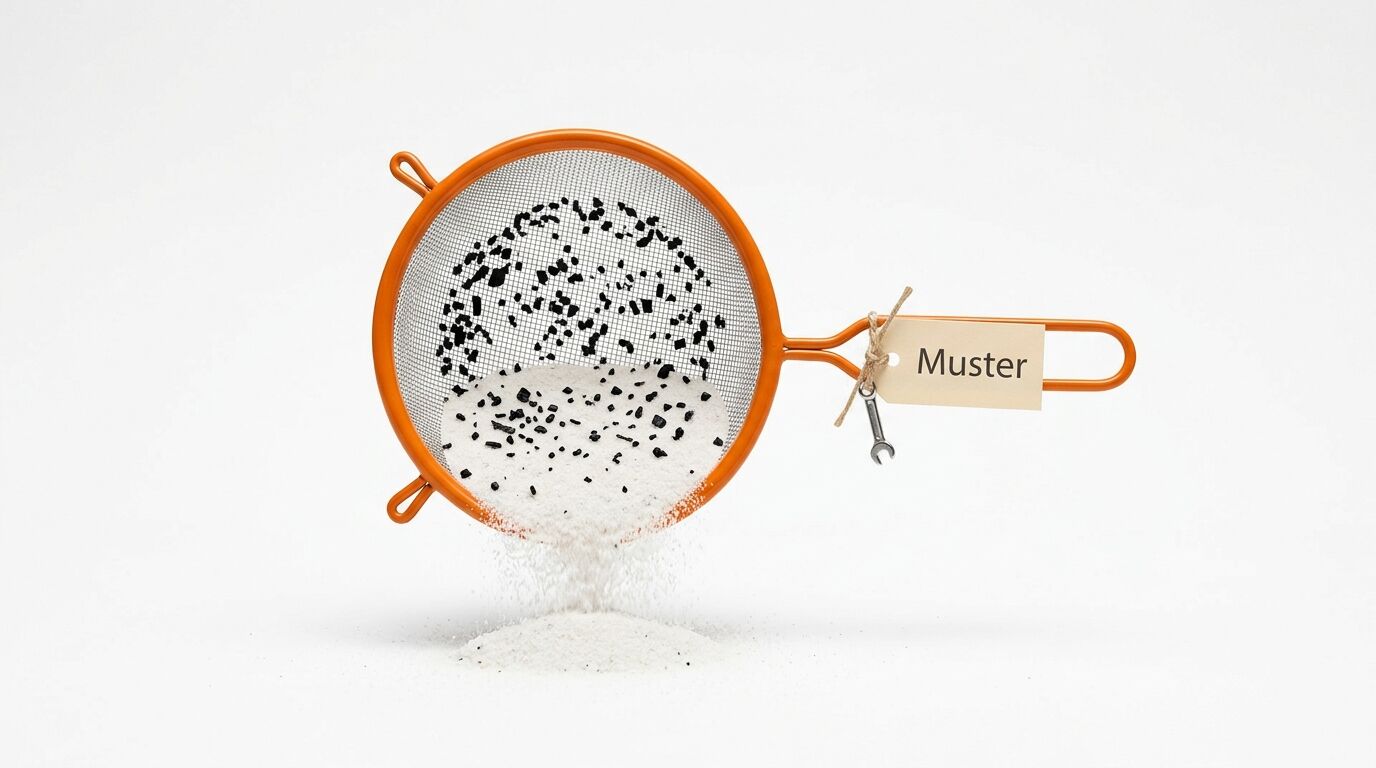 Ein Sieb trennt helles Pulver von schwarzen Flocken; ein Anhänger mit „Muster“ ist befestigt