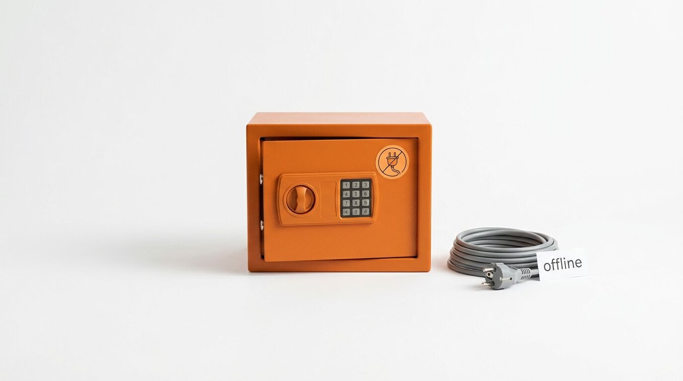 Ein orangeroter Safe mit Zahlencodeschloss neben einem Netzkabel mit „offline“-Schild