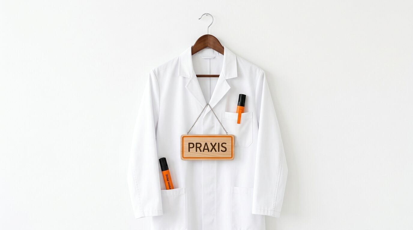Arztkittel mit 'PRAXIS'-Schild und zwei Textmarkern an einer hellen Wand