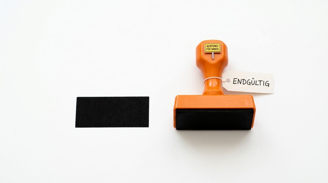 Oranger Stempel mit Etikett „ENDGÜLTIG“ und schwarzem Farbkissen auf weißem Grund