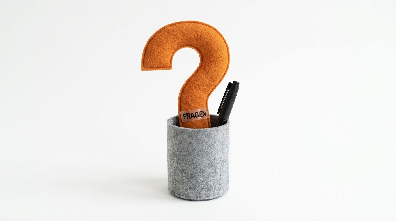 Ein oranger Filz-Fragezeichen und Stift in grauem Filz-Becher vor weißem Grund