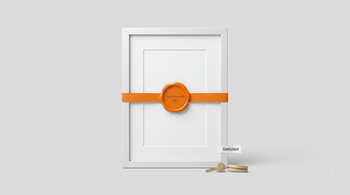 Ein weißer Rahmen mit orangefarbenem Siegelband, Schlüssel und „lizenziert“-Schild auf grauem Grund