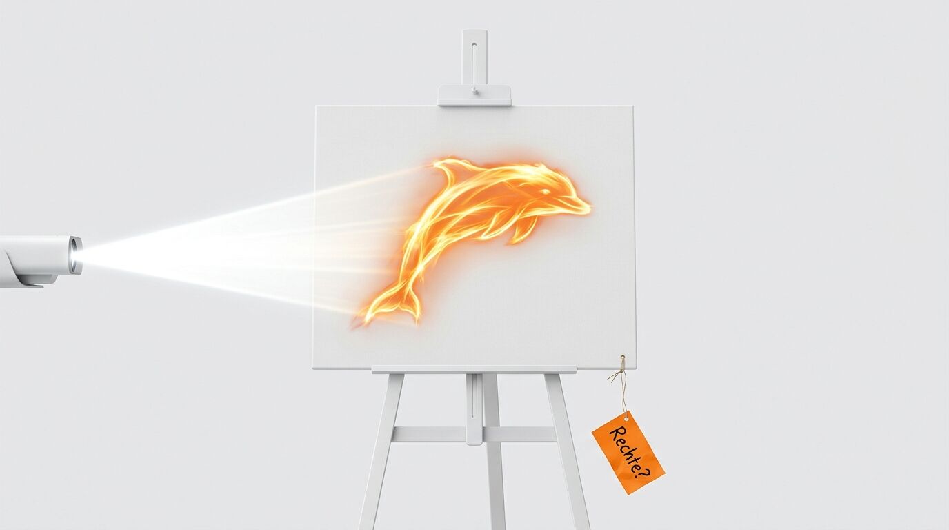 Ein Projektor projiziert einen flammenden Delphin auf eine Staffelei mit Anhänger „Rechte?“
