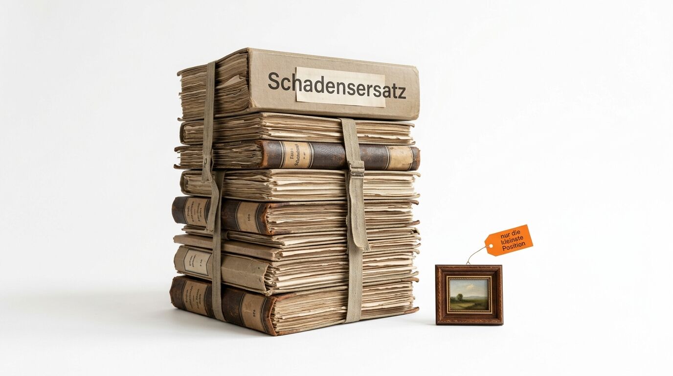 Bücherstapel mit Schild „Schadensersatz“ neben winzigem Gemälde mit Preisschild