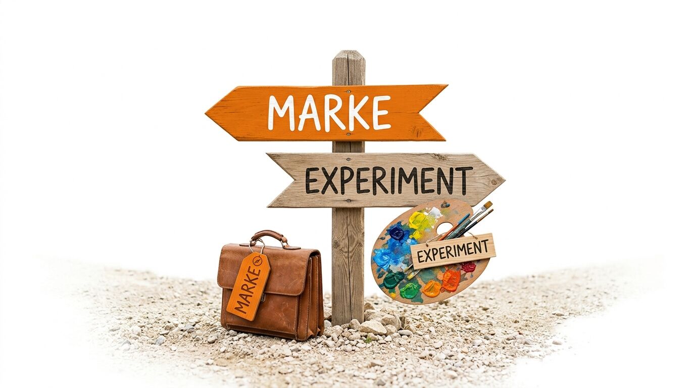 Holzwegweiser mit Pfeilen „MARKE“ links und „EXPERIMENT“ rechts, Koffer, Farbpalette