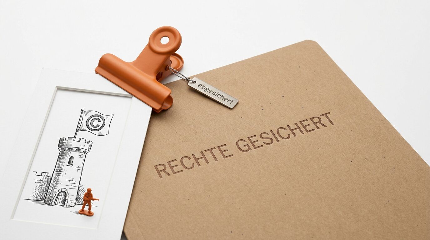 Mappe mit Aufdruck „RECHTE GESICHERT“, Klammer, Tag, Zeichnung einer Burg mit C-Fahne
