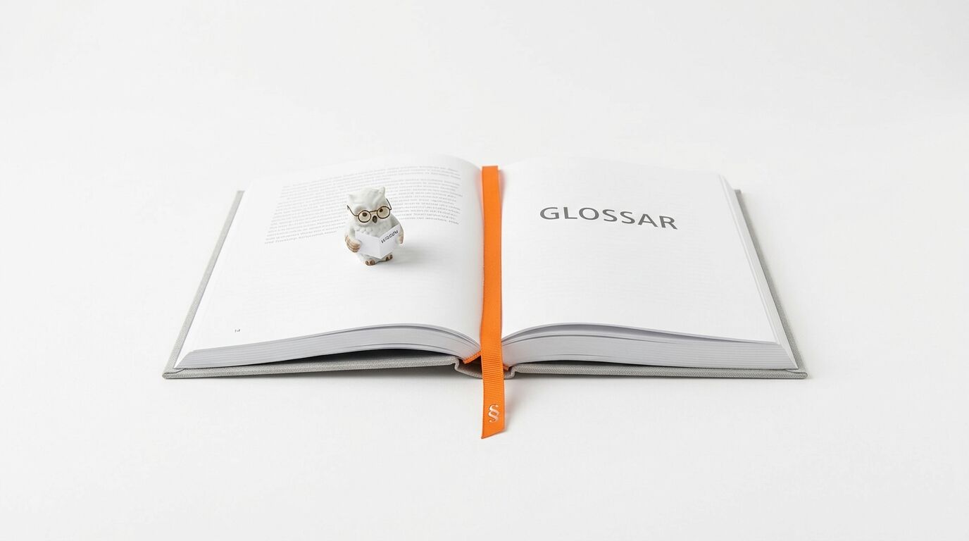 Offenes Buch mit „GLOSSAR“ und Eule mit Brille auf weißem Hintergrund
