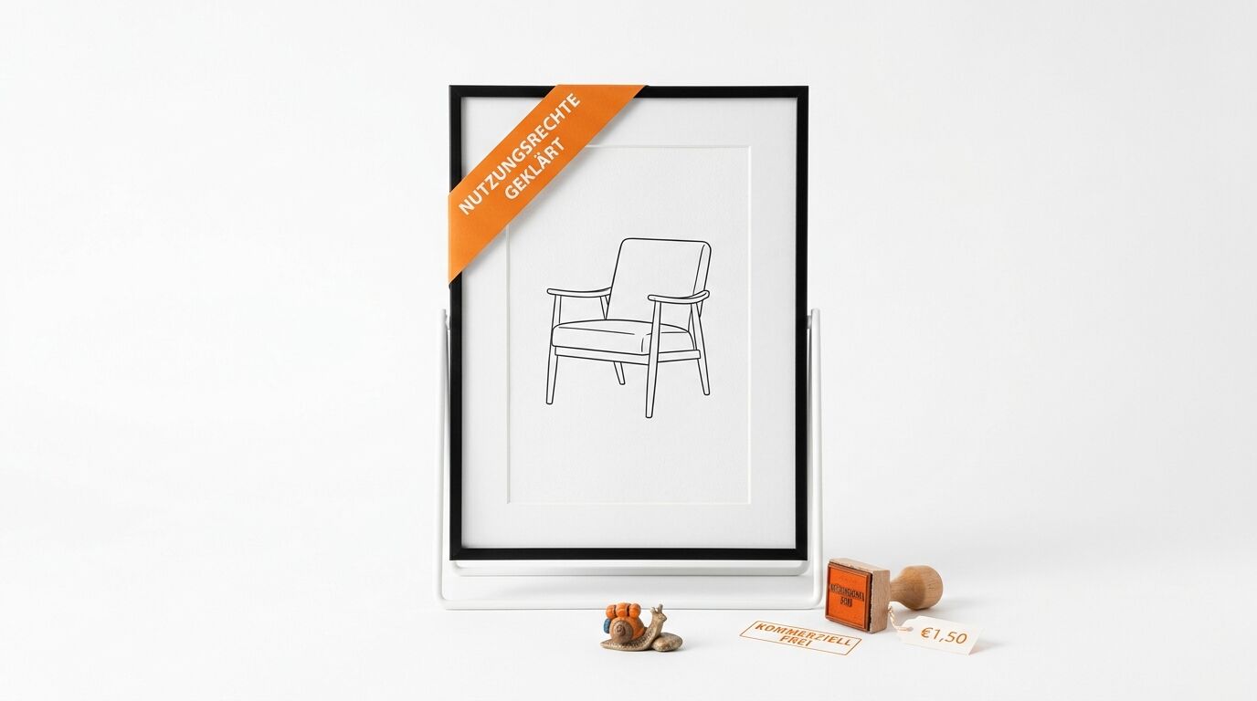 Gerahmte Stuhl-Zeichnung mit orangefarbenem Band, Stempel, Schnecke und Preisschild davor