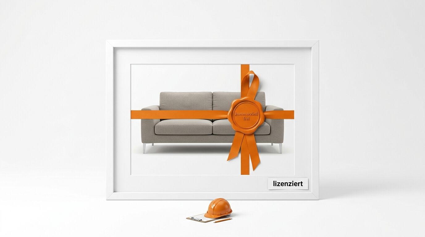 Gerahmtes Sofa mit orangenem Siegelband davor, dazu Helm und Klemmbrett auf weißem Grund