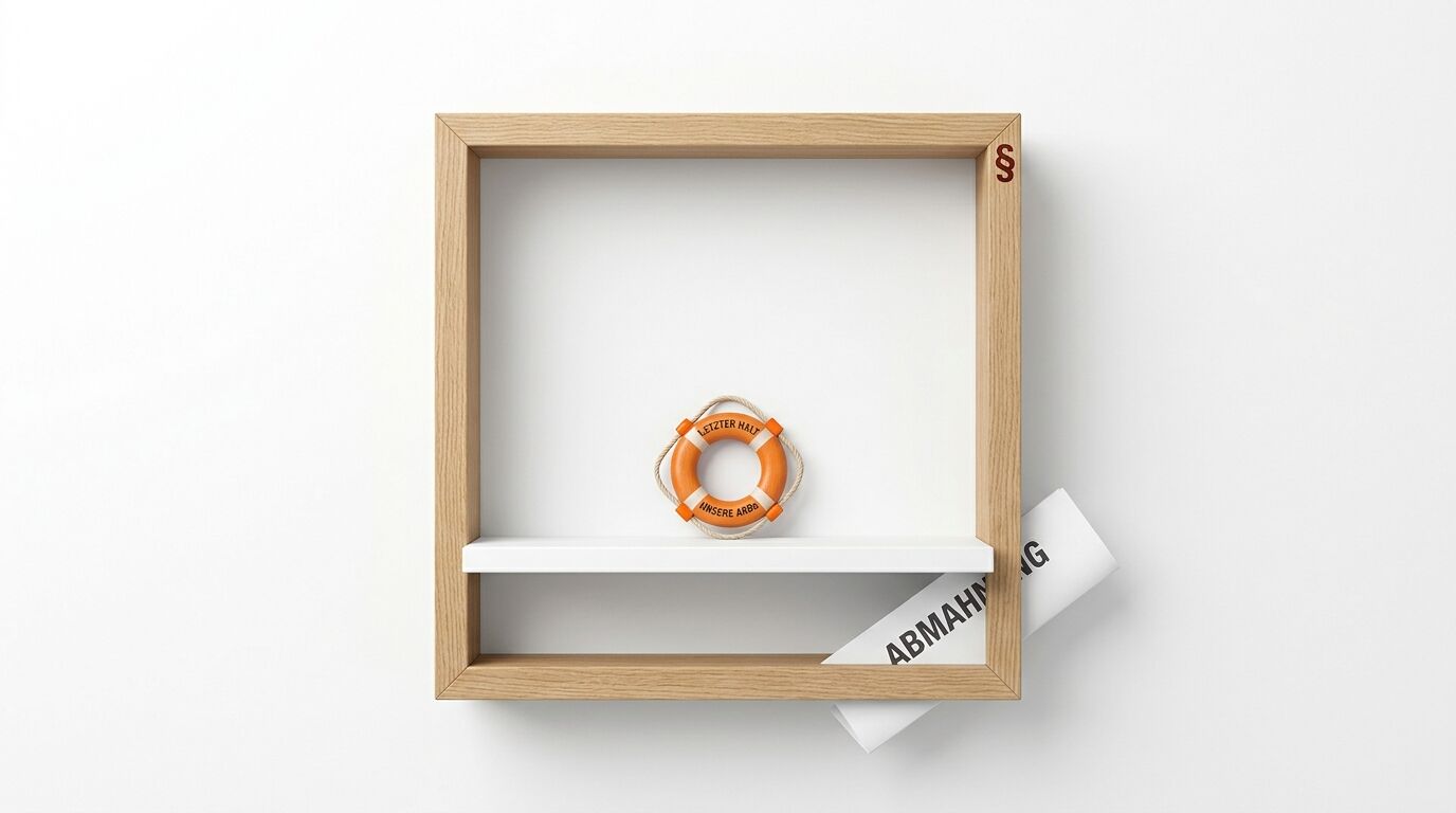 Holzrahmenregal mit Rettungsring und Papierrolle „Abmahnung“