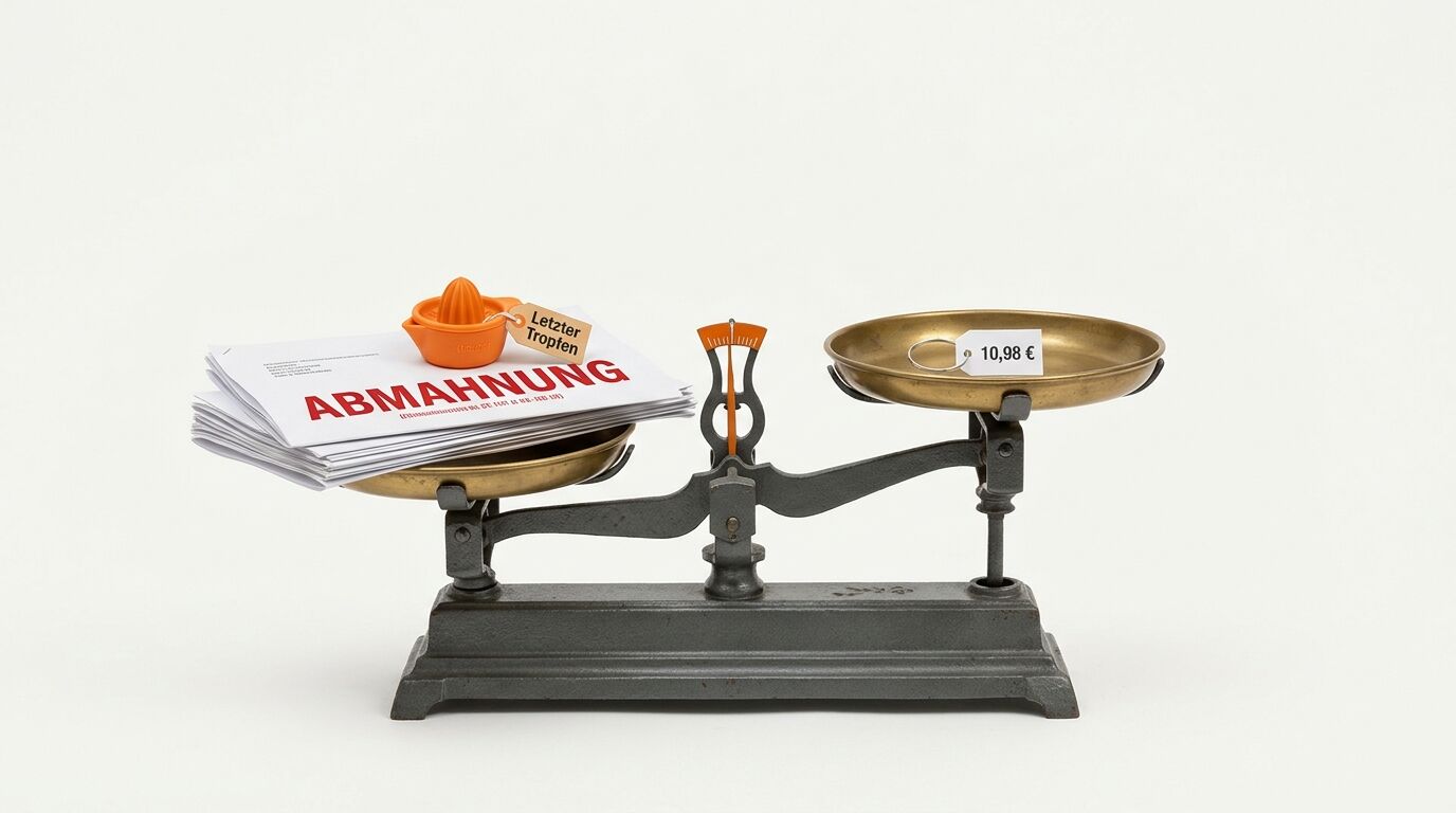 Waage mit Abmahnung und Zitronenpresse links, Preisschild mit 10,98 € rechts
