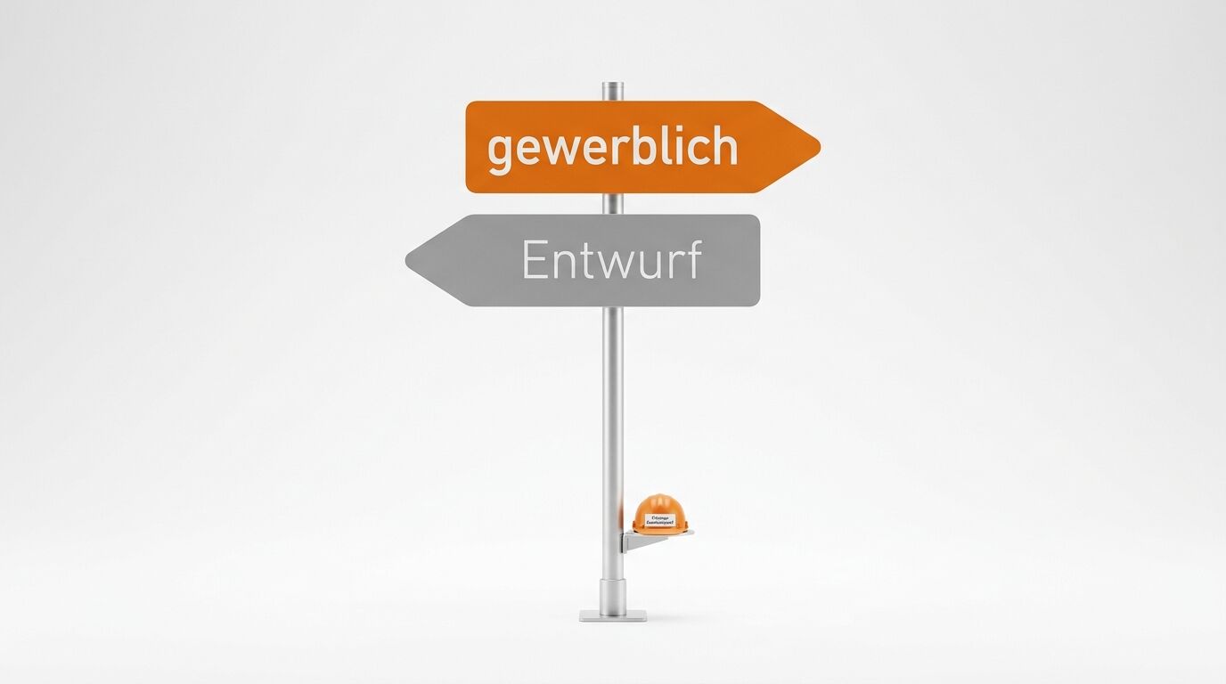 Wegweiser auf Pfahl: oben orange nach rechts (gewerblich), unten grau nach links (Entwurf), Helm