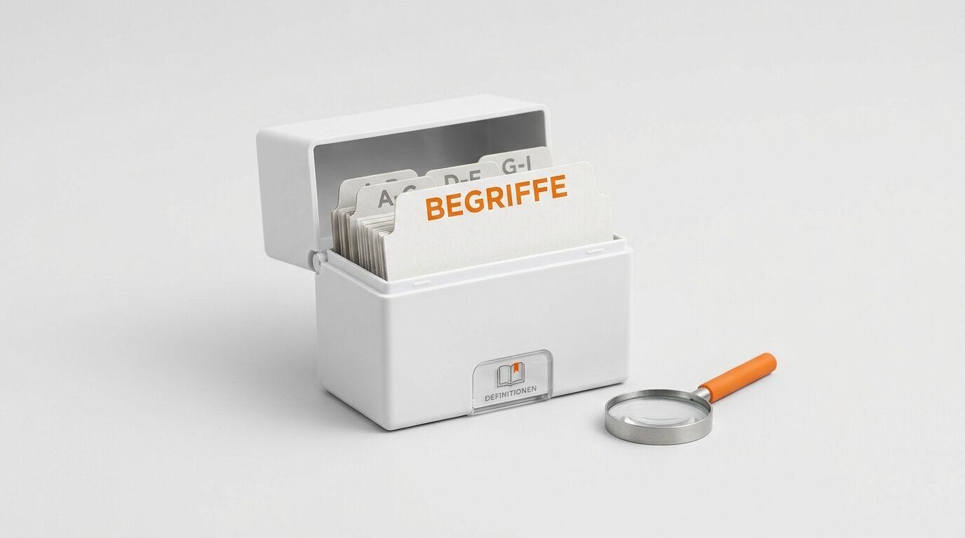 Ein weißer Karteikasten mit der Aufschrift BEGRIFFE und eine Lupe