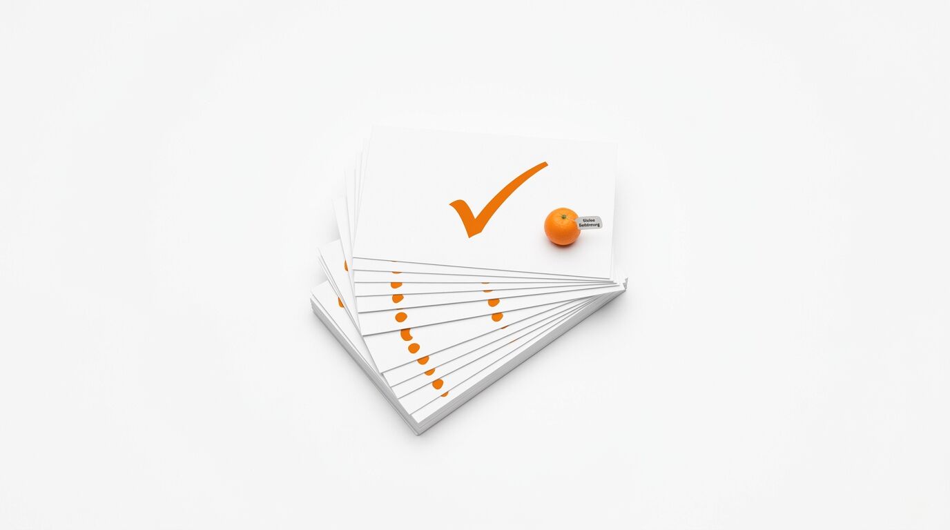 Stapel weißer Karten mit orangefarbenem Haken und kleiner Orange auf weißem Grund