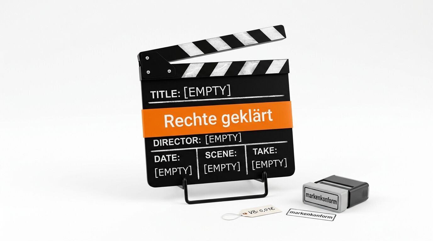 Filmklappe „Rechte geklärt“ mit Stempel „markenkonform“ auf weißem Hintergrund