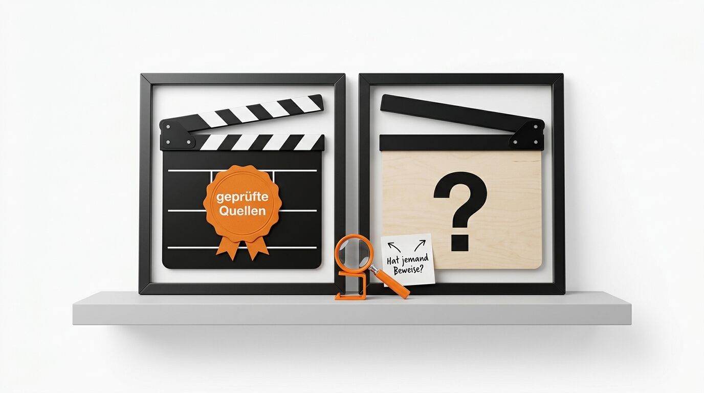 Geprüfte Quellen vs. offene Fragen: Zwei Filmklappen mit Symbolen und Notiz auf einem Regal