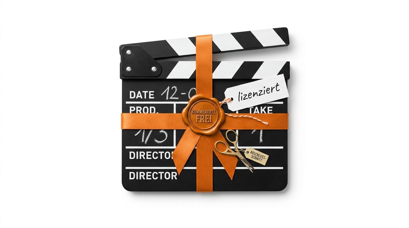 Filmklappe mit orangefarbener Schleife, Wachssiegel, kleiner Schere und Anhängern „lizenziert“ und „Absschlussschnitt“