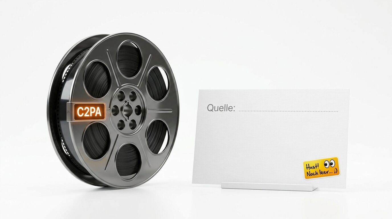 Filmspule mit „C2PA“ Label und Aufsteller mit „Quelle:“ und Smiley-Sticker auf Weiß